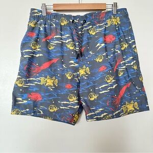 Toad&Co Men's Boundless Pull-On Shorts Large Sea Blue Fish Print Boardshorts